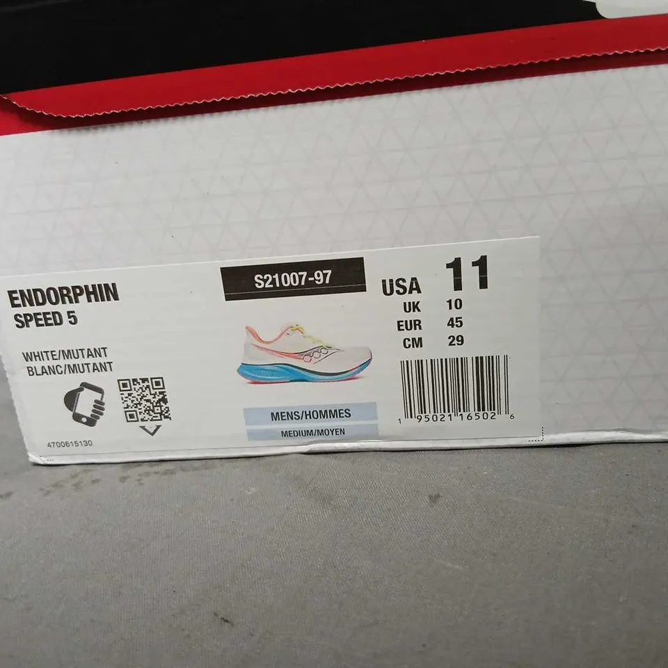 SAUCONY ENDORPHIN SPEED 5 MEN'S RUNNING SHOES – WHITE/NEON YELLOW WITH PINK INTERIOR, UK 10 (US 11)