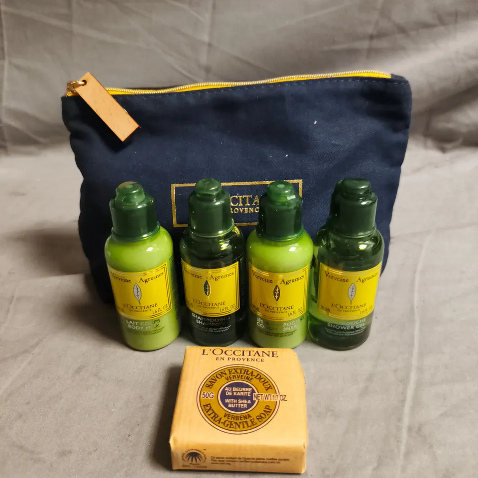 L'OCCITANE VERBENA TRAVEL TOILETRIES SET IN NAVY ZIP POUCH