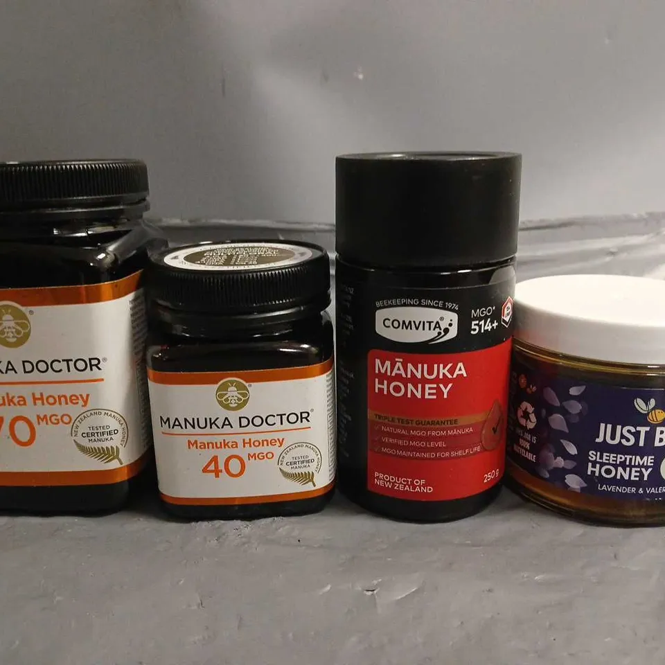 LOT OF 4 ASSORTED TUBS OF HONEY TO INCLUDE MANUKA DOCTOR AND JUST BEE SLEEPTIME