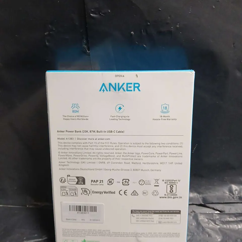 ANKER POWER BANK 20K (87W) WITH BUILT-IN USB-C CABLE – MODEL A1383