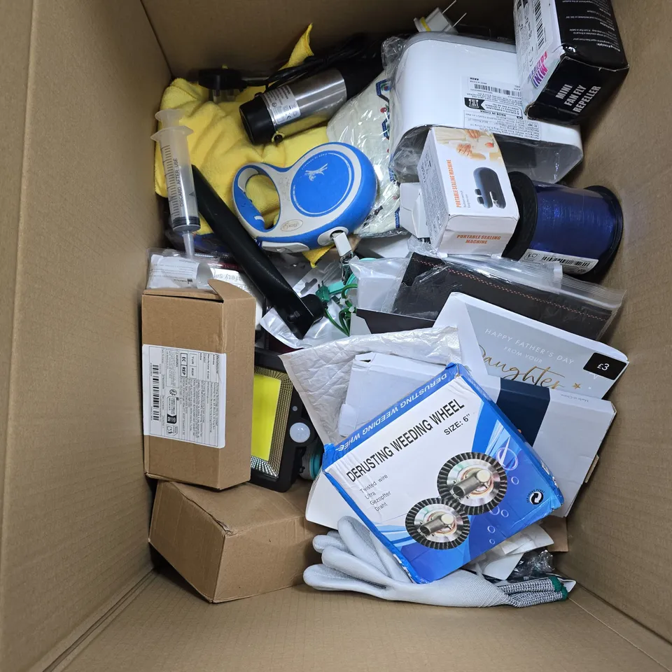 LARGE BOX OF ASSORTED ITEMS TO INCLUDE - CUPS - PAD LOCK - BEEDS. 
