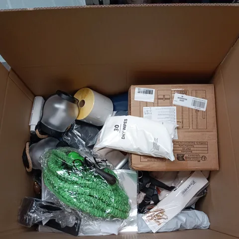 BOX OF APPROXIMATELY 15 ASSORTED GOODS INCLUDING DRY WIPES, BROOM AND A LAPTOP BAG