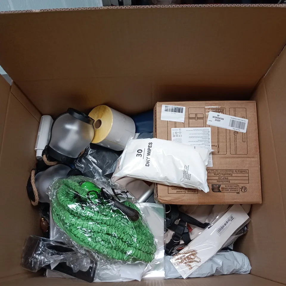 BOX OF APPROXIMATELY 15 ASSORTED GOODS INCLUDING DRY WIPES, BROOM AND A LAPTOP BAG