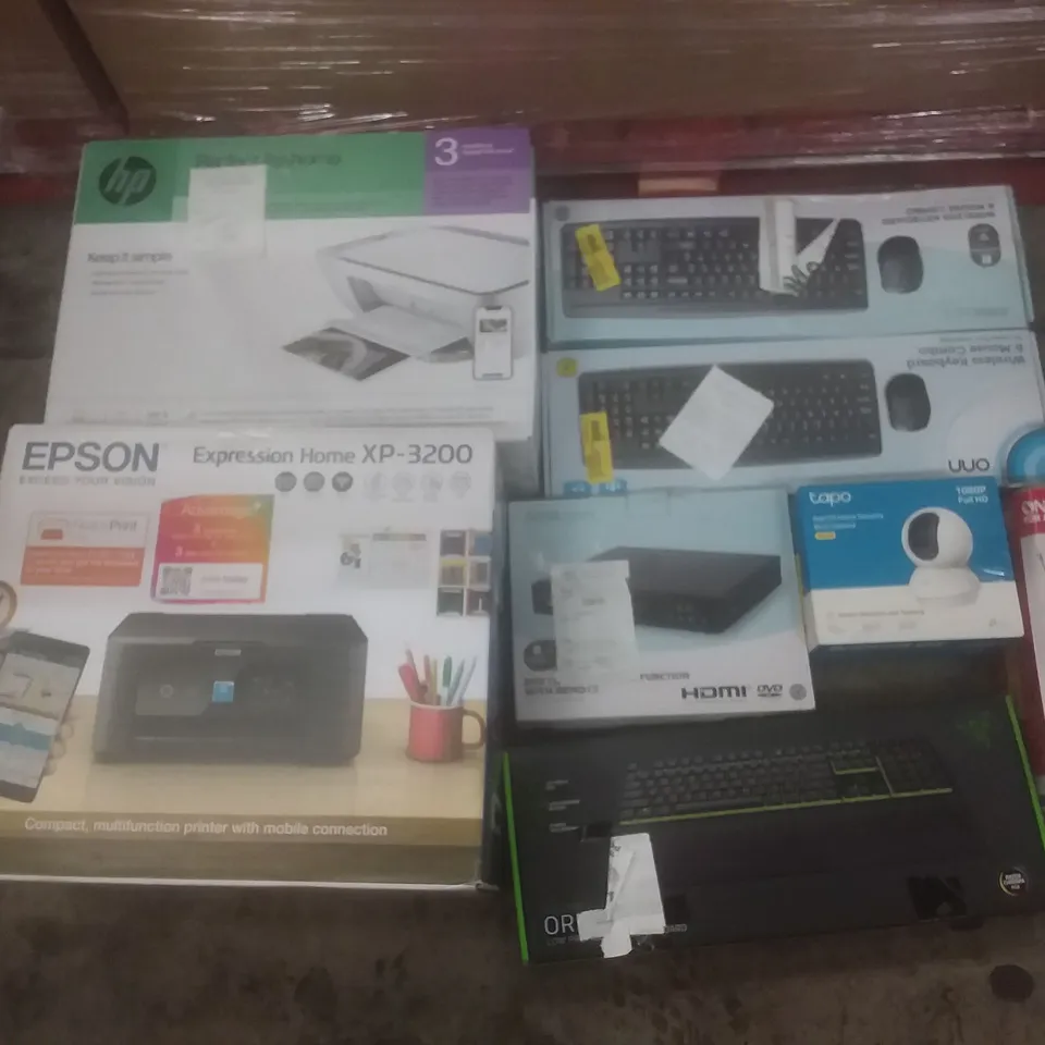 PALLET OF LARGE AMOUNT OF ASSORTED PRODUCTS TO INCLUDE PRINTERS, HOME SECURITY, AND GAMING KEYBOARDS ETC