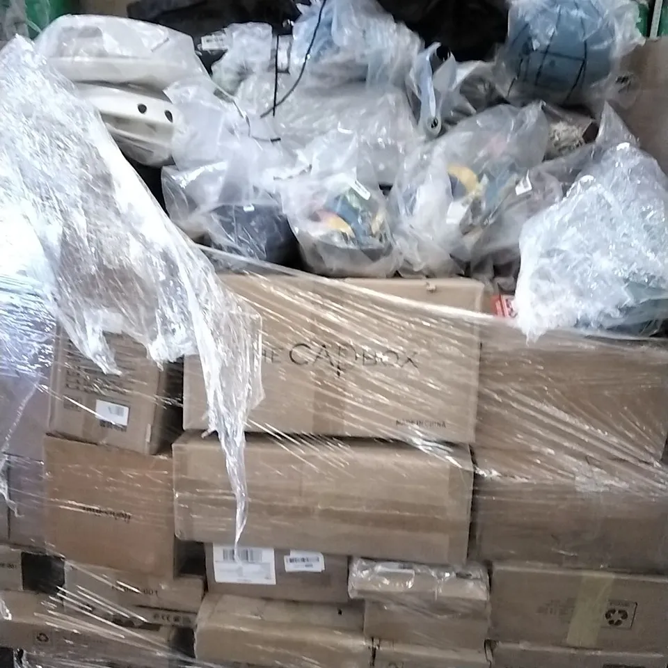 PALLET OF ASSORTED ITEMS INCLUDING, AIR CARBONBFILTER, FLUFFY RUGS, TV MOUNT, LAPTOP CASE AND BASKETBALL