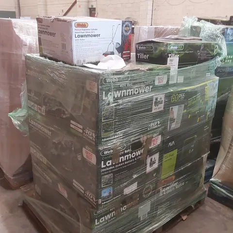 PALLET CONTAINING A VERY LARGE QUANTITY OF ASSORTED GARDEN TOOLS INCLUDING: WEBBECO CORDLESS 40V LAWN MOWERS, WEBB MANUAL LAWN MOWER, WEBB CORDLESS 20V ROTARY TILLER, PRESSURE WASHER, POWERBASE 20V CO