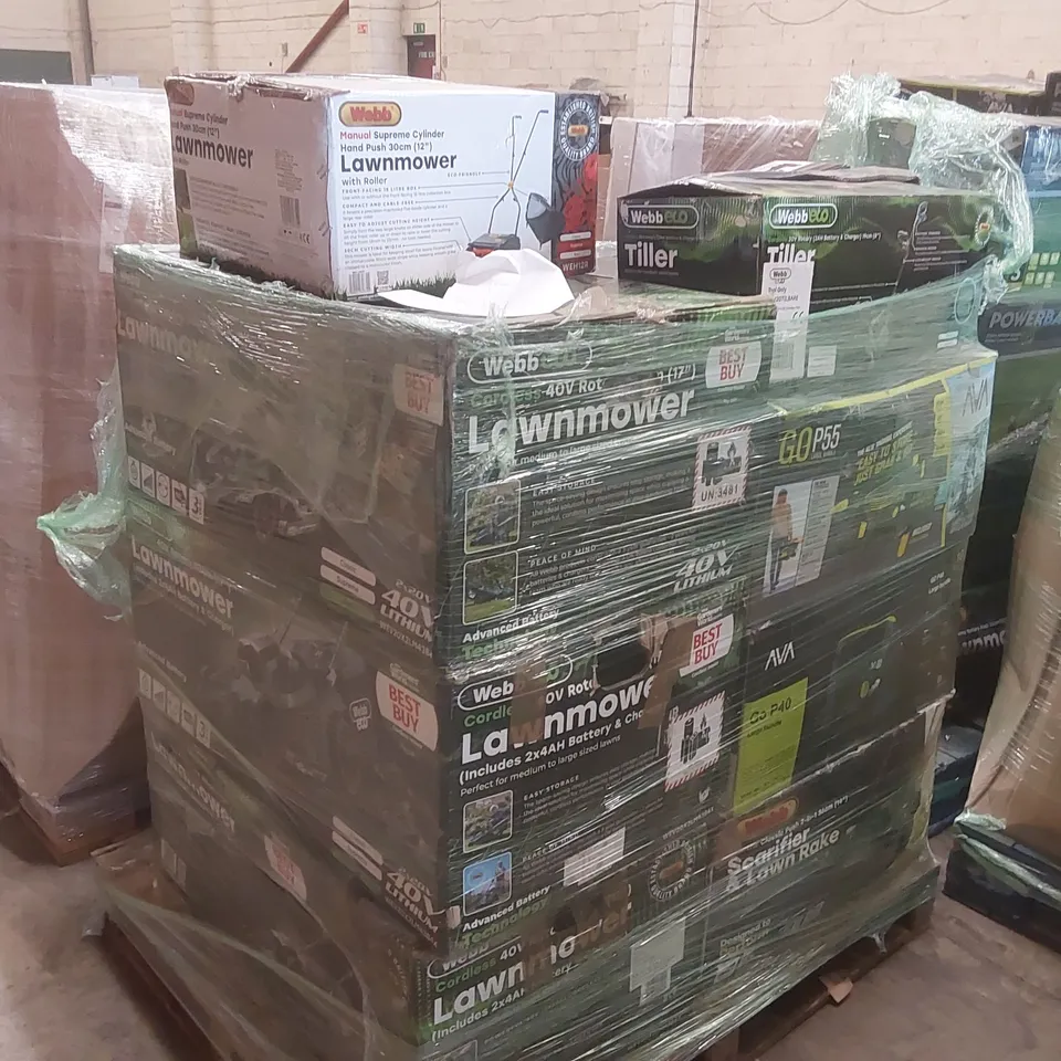 PALLET CONTAINING A VERY LARGE QUANTITY OF ASSORTED GARDEN TOOLS INCLUDING: WEBBECO CORDLESS 40V LAWN MOWERS, WEBB MANUAL LAWN MOWER, WEBB CORDLESS 20V ROTARY TILLER, PRESSURE WASHER, POWERBASE 20V CO