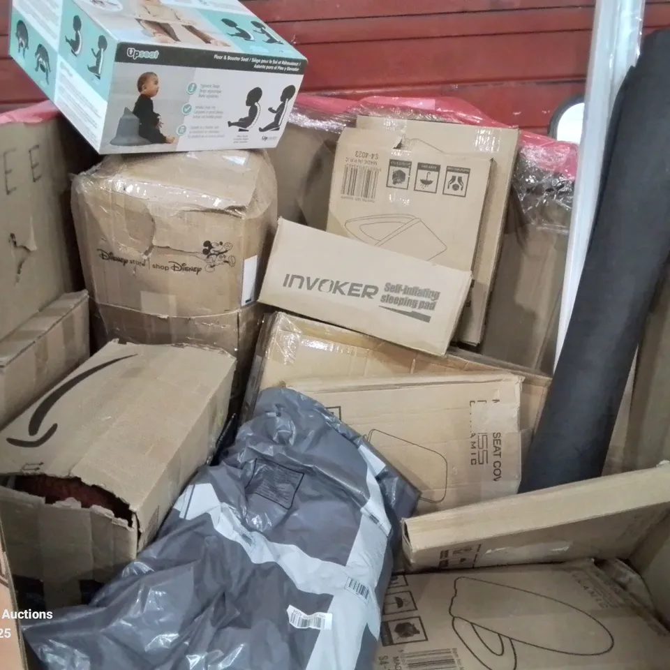 PALLET CONTAINING VARIOUS ASSORTED PRODUCTS INCLUDING:BLINDS, BABY UPSEAT, SELF INFLATING SLEEPING PAD, DISNEY MATTRESS TOPPER AND LOTS MORE UNMARKED BOXED ITEMS 