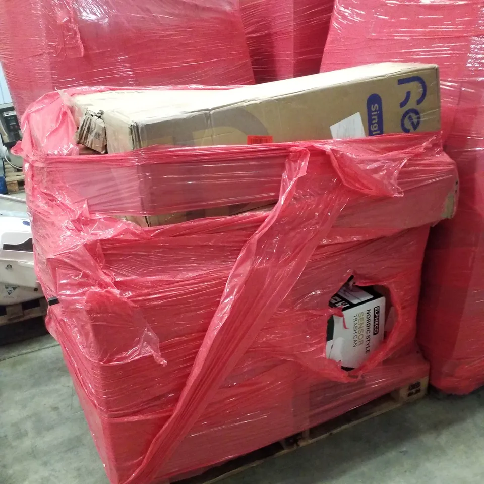 PALLET CONTAINING ASSORTED PRODUCTS INCLUDING DESK, SINGLE MATTRESS & NORDIC STYLE SENSOR TRASH CAN