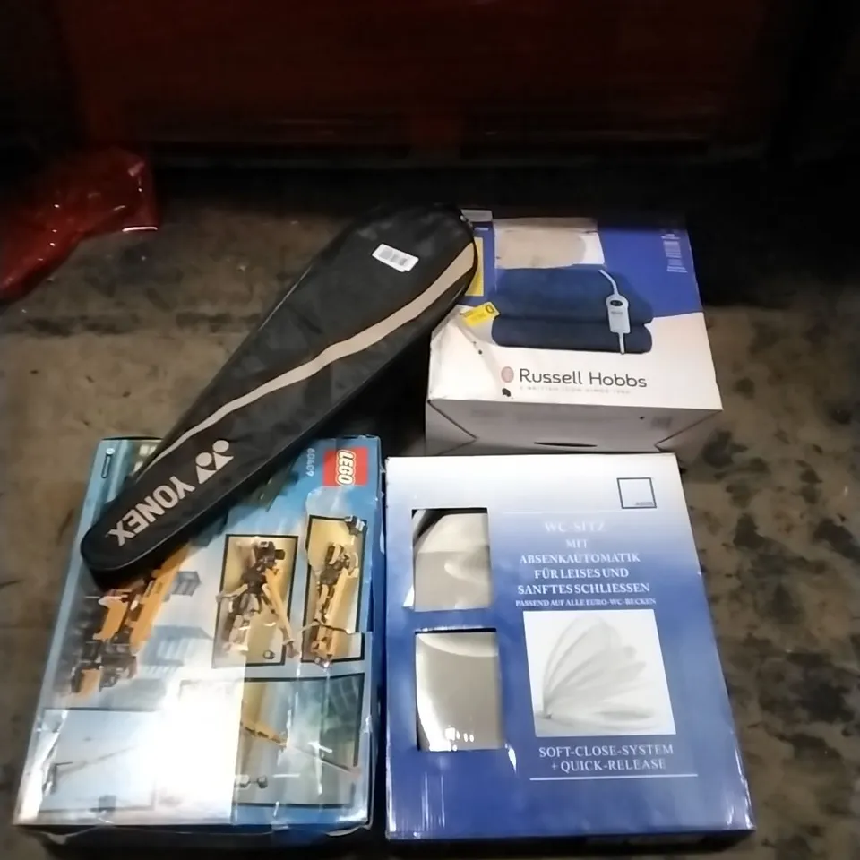 PALLET OF HOUSEHOLD ITEMS TO INCLUDE BADMINTON RACKET, LEGO,TOILET SEAT, HEATED THROW AND OTHER ASSORTED ITEMS...