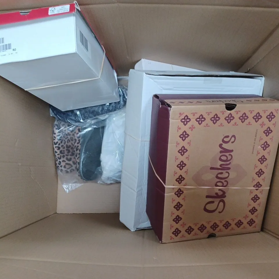 BOX OF APPROX. 10 PAIRS OF FOOT WARE IN DIFFERENT SIZES AND STYLES 
