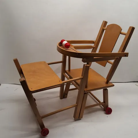 WOODEN BABY HIGH CHAIR WITH RED WHEELS