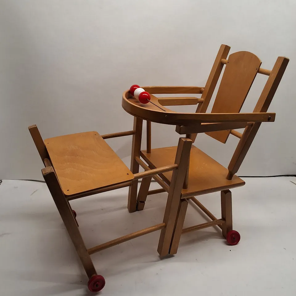 WOODEN BABY HIGH CHAIR WITH RED WHEELS