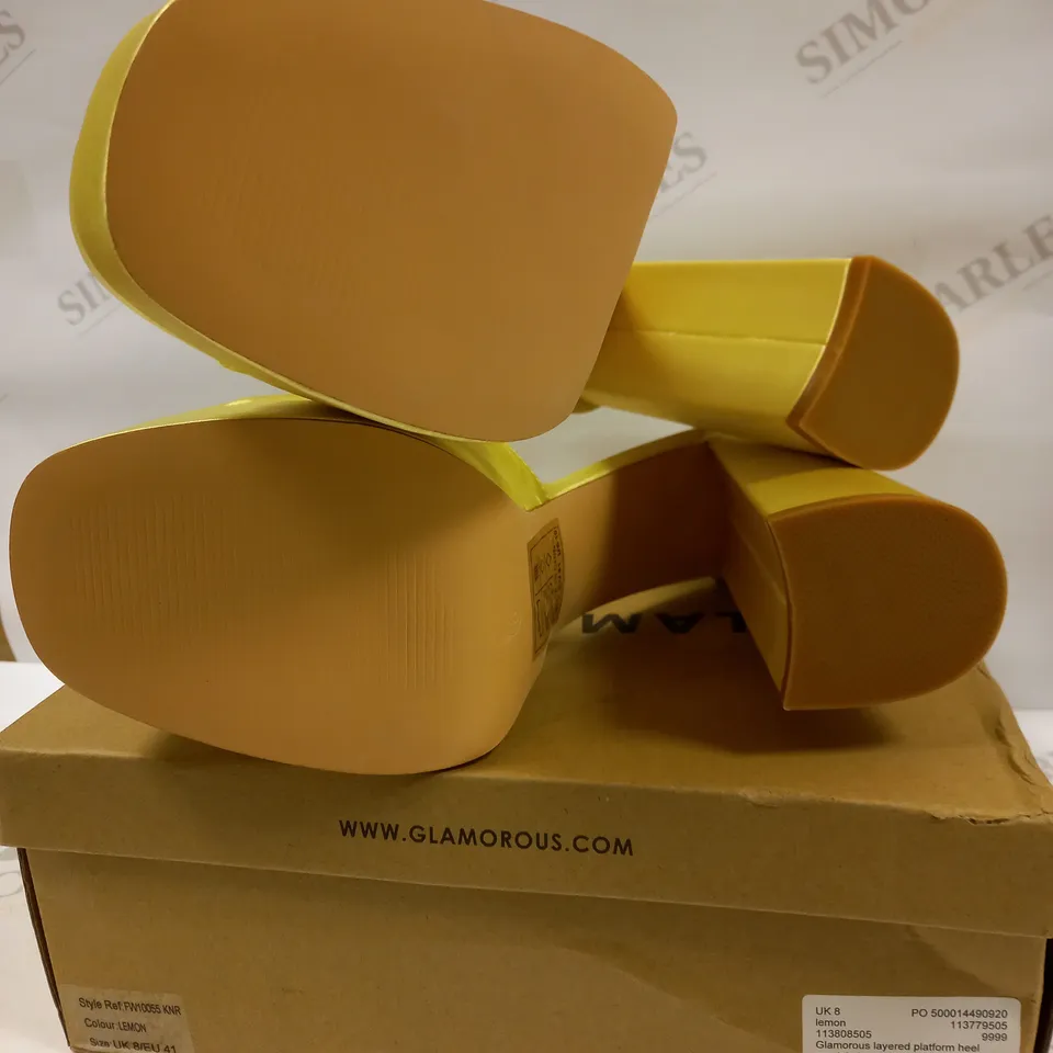 GLAMOROUS LAYERED PLATFORM HEEL LEMON SATIN SANDALS UK 8
