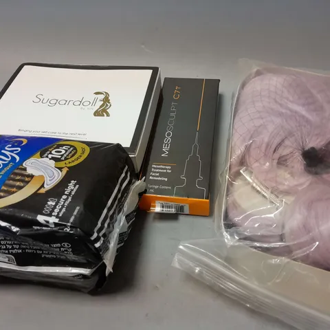 APPROXIMATELY 12 ASSORTED COSMETICS AND BEAUTY ITEMS TO INCLUDE SCULPTS , SANITARY PADS , HAIR PRODUCTS , ETC