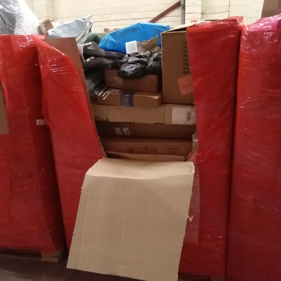 PALLET OF ASSORTED HOUSEHOLD GOODS AND PRODUCTS TO INCLUDE; TOILET SEAT, FRYING PAN, SHOWER HEAD/MIXER, BOXED FURNITURE ETC
