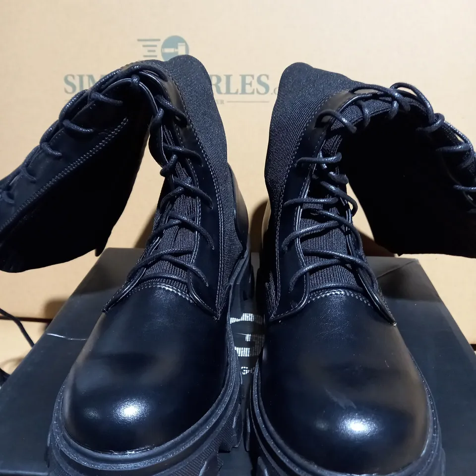 EGO SAINT LACE UP MID CALF BIKER BOOTS IN BLACK - SIZE 7