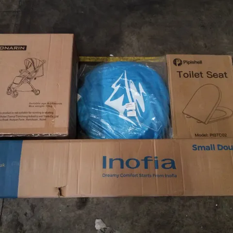 PALLET CONTAINING ASSORTED PRODUCTS INCLUDING TOILET SEAT, STROLLER, POP UP TENT & SMALL DOUBLE MATTRESS 