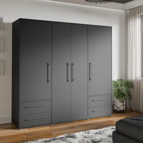 BOXED FORTE JUPITER 200 210 WARDROBE, 4 DOOR REVOLVING DOOR WARDROBE WITH 4 DRAWERS, SHELVES, CLOTHES RAIL, COMPOSITE WOOD, MATTE BLACK (4 BOXES)
