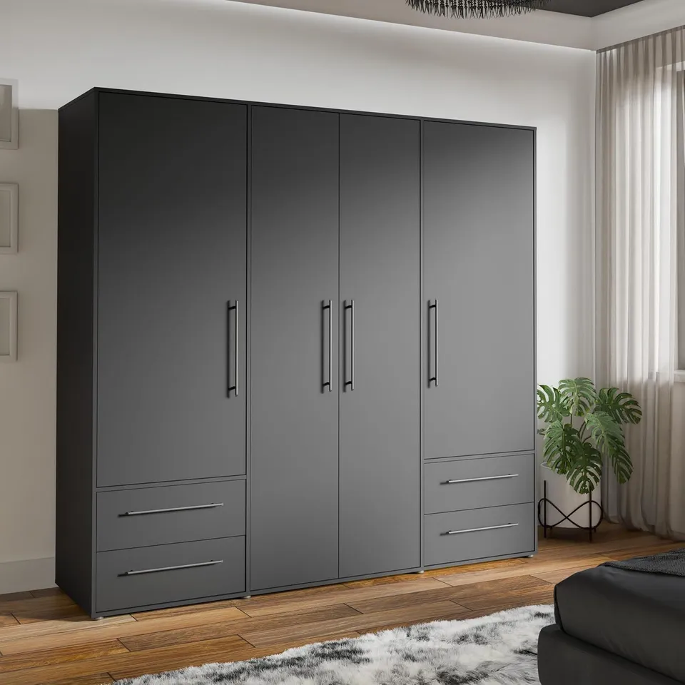BOXED FORTE JUPITER 200 210 WARDROBE, 4 DOOR REVOLVING DOOR WARDROBE WITH 4 DRAWERS, SHELVES, CLOTHES RAIL, COMPOSITE WOOD, MATTE BLACK (4 BOXES)