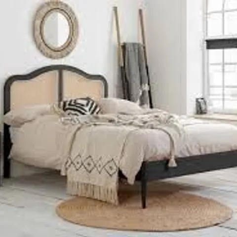 BOXED BIRLEA LEONIE 6FT SUPER KING SIZE BLACK BED WITH RATTAN HEADBOARD (2 BOXES)