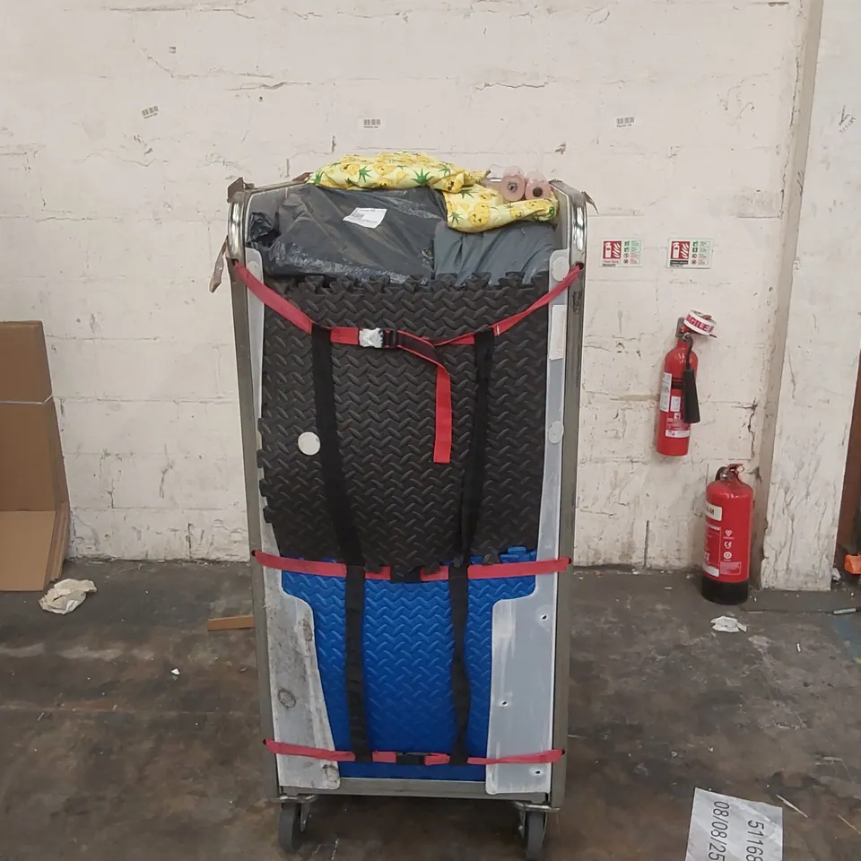 CAGE OF ASSORTED CONSUMER PRODUCTS INCLUDING EXERCISE MATS, CABIN BAG, WALLPAPER ECT // CAGE NOT INCLUDED 