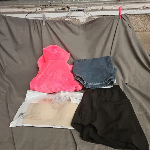 BOX OF APPROXIMATELY 20 ASSORTED CLOTHING ITEMS TO INCLUDE PINK FLUFFY FLEECE, JEANS, BLACK SPORTS SHORTS, BRA ETC
