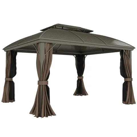 BOXED OUTSUNNY 3.65 X 3(M) HARDTOP STEEL GAZEBO CANOPY WITH ALUMINIUM FRAME, DOUBLE ROOF, NET SIDEWALLS AND CURTAINS, COFFEE (1 BOX)