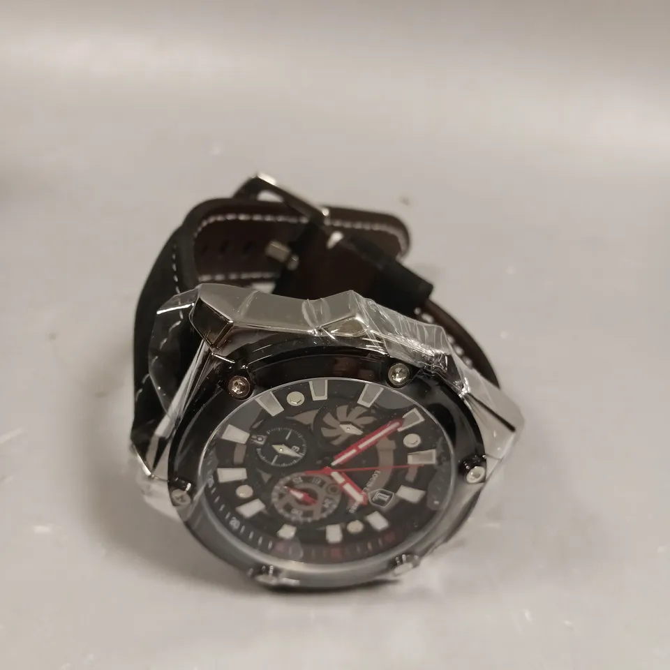 MENS LOUIS LACOMBE CHRONGRAPH WATCH – 3 SUB DIALS – SILVER COLOUR CASE – LEATHER STRAP