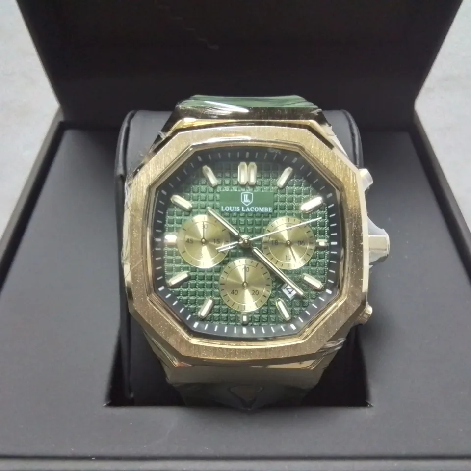 LOUIS LACOMBE GENTS STAINLESS STEEL CHRONOGRAPH WATCH WITH GREEN RUBBER STRAP IN GIFT BOX