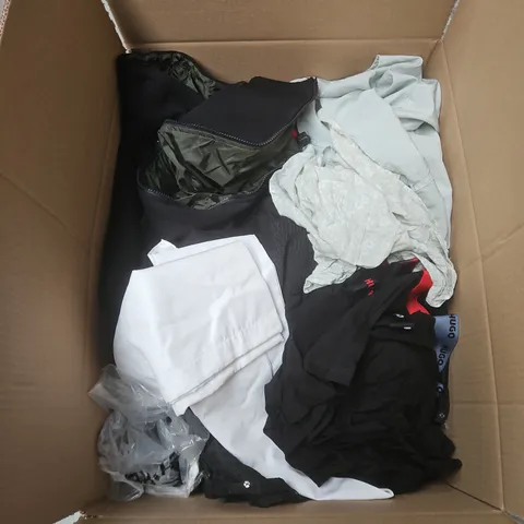 BOX OF APPROXIMATELY 25 ASSORTED CLOTHING ITEMS IN VARIOUS STYLES , COLOURS AND SIZES 