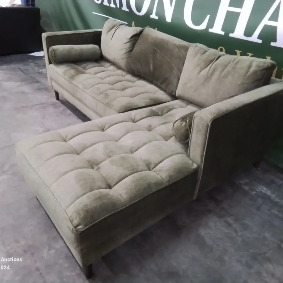 DESIGNER GREEN FABRIC CHAISE SOFA WITH SIDE CUSHIONS 