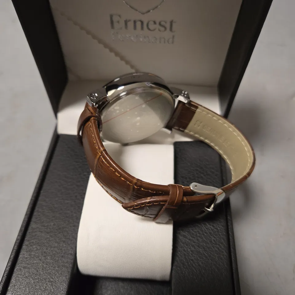 BOXED ERNEST FERDINAND MENS BLACK DIAL BROWN LEATHER STRAP WATCH