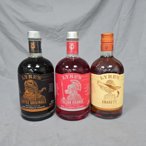 LOT OF 3 ASSORTED LYRES NON-ALCOHOLIC SPIRITS INCLUDES COFFEE ORIGINAL, ITALIAN ORANGE AND AMARETTI