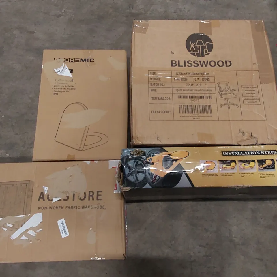 PALLET OF ASSORTED ITEMS INCLUDING MESH CHAIR, TOILET SEAT, CAR TYRE CLAMP, NON WOVEN FABRIC WARDROBE 