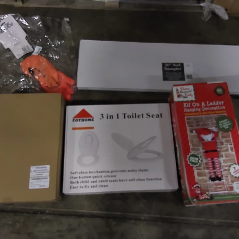 PALLET OF ASSORTED ITEMS INCLUDING: CHRISTMAS AND HALLOWEEN DECORATIONS, PIÑATAS, SOIL SAMPLER, TOILET SEAT
