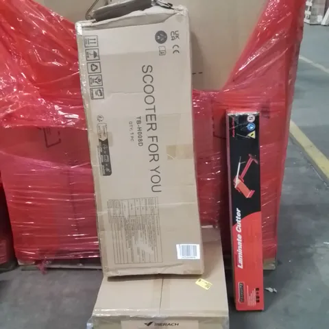 PALLET OF ASSORTED HOUSEHOLD GOODS AND PRODUCTS TO INCLUDE;LAMINATE CUTTER,KIDS SCOOTER,ELLIPTICAL TRAINER