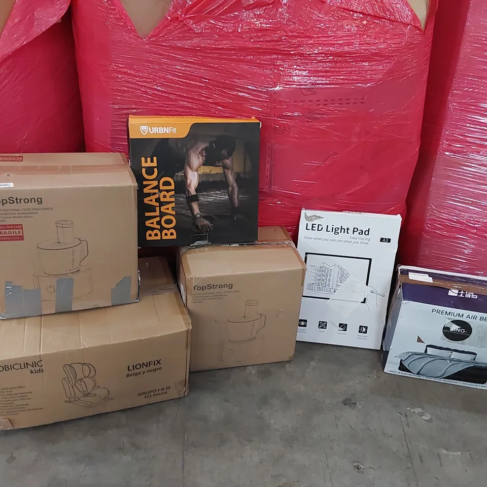 PALLET OF ASSORTED CONSUMER GOODS AND FURNITURE PRODUCTS TO INCLUDE; MULTIFUNCTIONAL FOOD PROCESSORS, PREMIUM AIR BED, KID'S CAR SEAT, LED LIGHT PAD, BALANCE BOARD ECT.