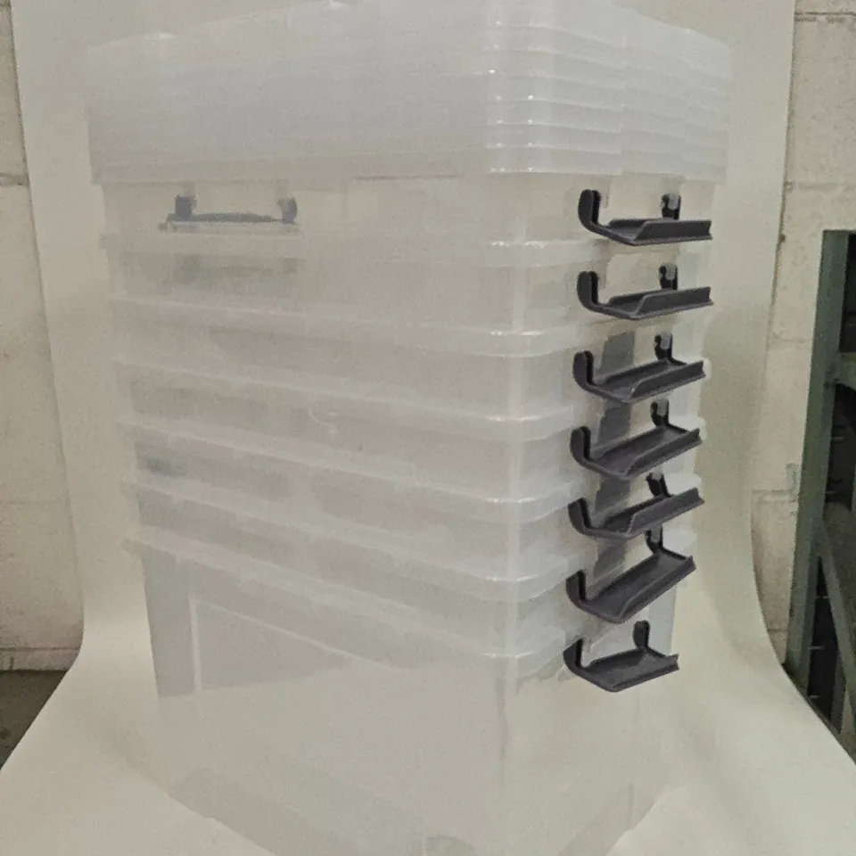 LOT OF 7 50L CLEAR PLASTIC STORAGE BOXES WITH LIDS
