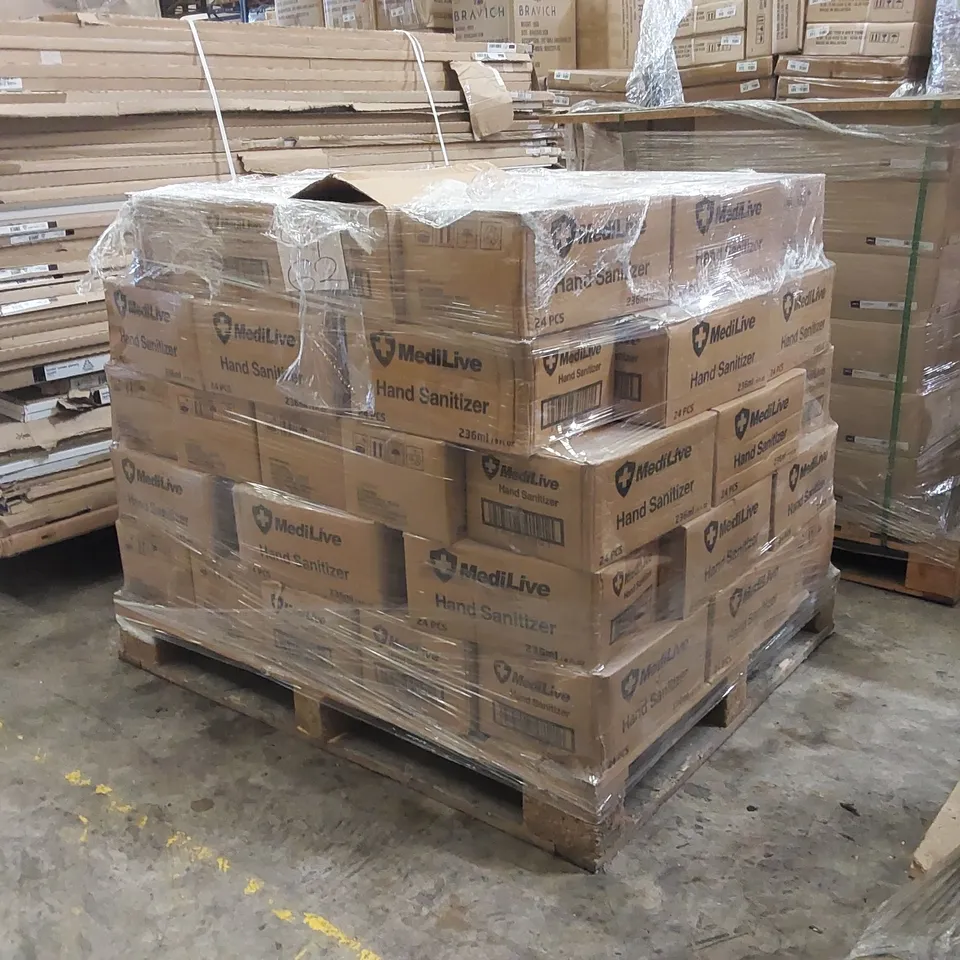 PALLET TO CONTAIN A LARGE QUANTITY OF MEDILIVE HAND SANITIZER, APPROXIMATELY 55 BOXES OF 24x 236ML BOTTLES