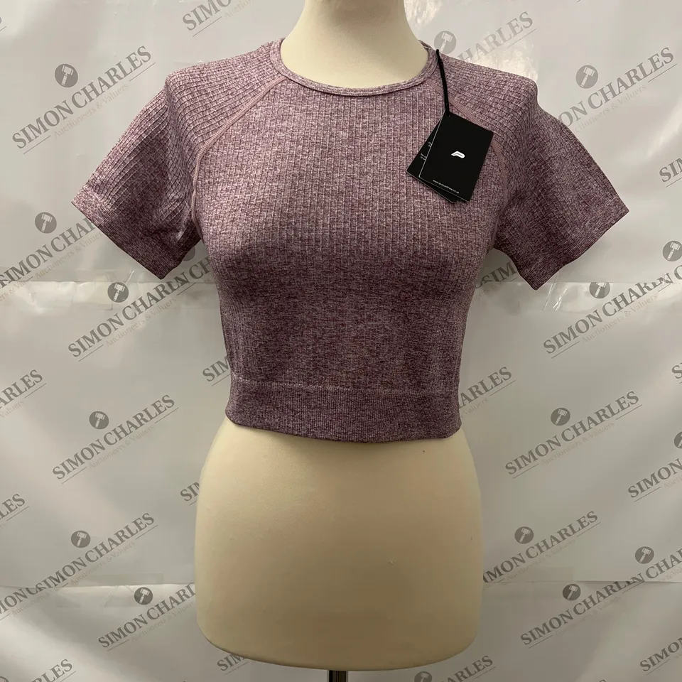 PURSUE FITNESS LOUNGE SEAMLESS CROP T SHIRT IN LAVENDER MARL SIZE L