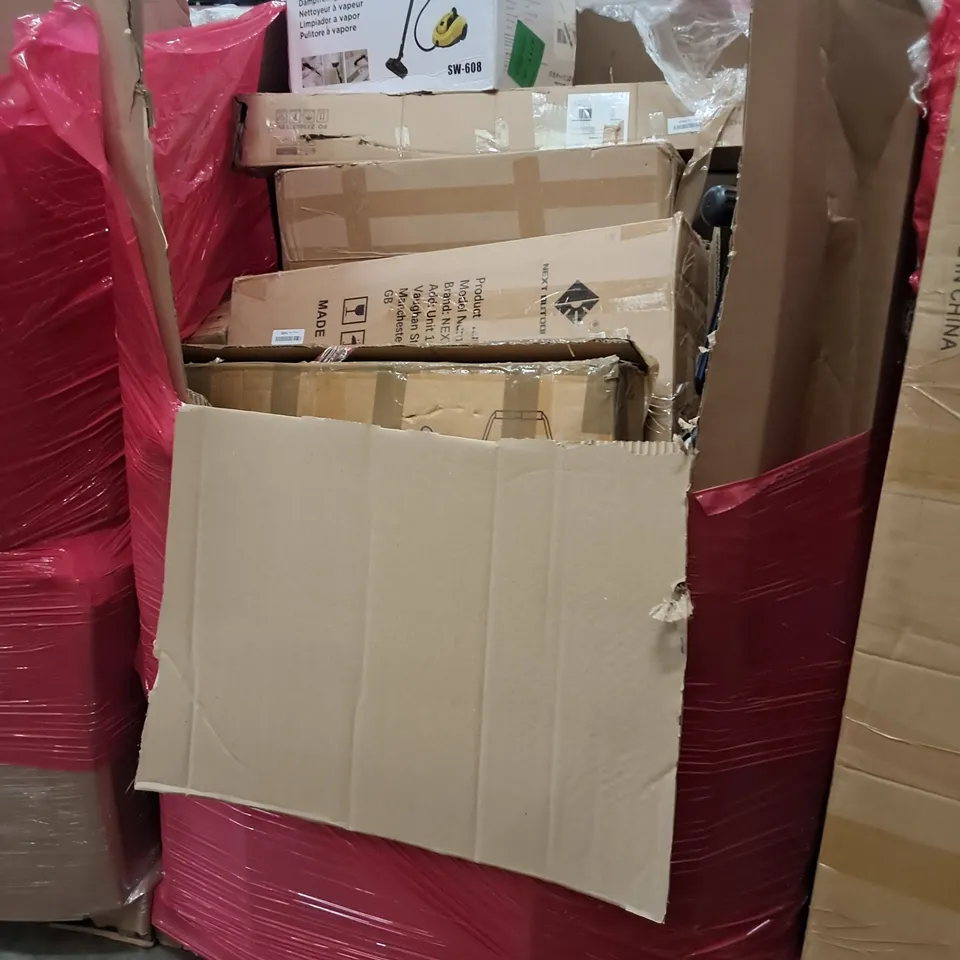 PALLET OF ASSORTED HOUSEHOLD ITEMS TO INCLUDE FULL LENGTH MIRROR, STEAM CLEANER AND TRAMPOLINE WITH HAND BAR