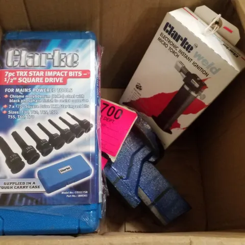 BOX CONTAINING ASSORTED PRODUCTS INCLUDING 7PC TRX STAR IMPACT BITS - 1/2" SQUARE DRIVE, INSTANT IGNITION MICRO TORCH & CLARKE CV100B 100MM WORKSHOP VICE 