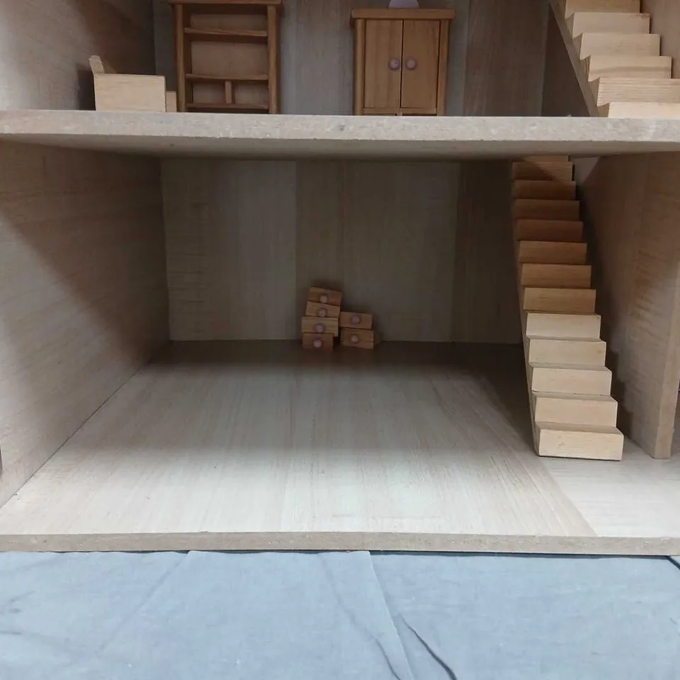 VINTAGE WOODEN DOLL'S HOUSE WITH MINIATURE FURNITURE – PINK EXTERIOR, 3-STOREY