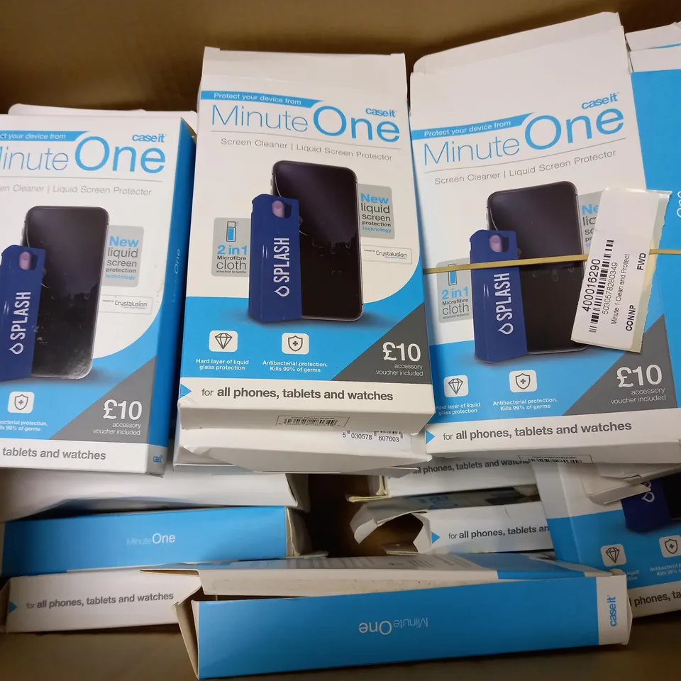 BOX OF APPROX 30 CASEIT MINUTE ONE LIQUID SCREEN PROTECTORS AND CLEANING SOLUTION FOR ASSORTED PHONES