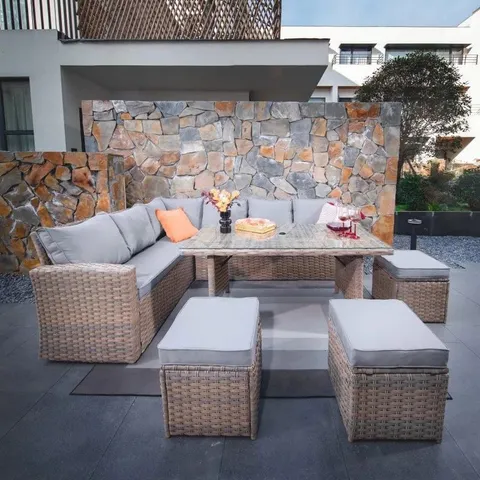 BOXED WICKER 9-PERSON GARDEN LOUNGE SET WITH CUSHIONS - NATURAL (4 BOXES)