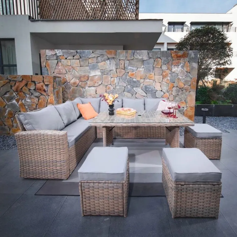 BOXED WICKER 9-PERSON GARDEN LOUNGE SET WITH CUSHIONS - NATURAL (4 BOXES)