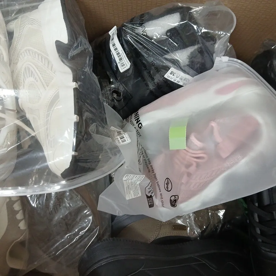 BOX OF APPROXIMATELY 10 ASSORTED PAIRS OF SHOES AND FOOTWEAR ITEMS IN VARIOUS COLOURS, STYLES, AND SIZES - COLLECTION ONLY