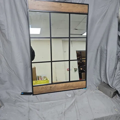 INDUSTRIAL-STYLE WALL MIRROR WITH BLACK GRID FRAME AND WOOD TOP/BOTTOM TRIM