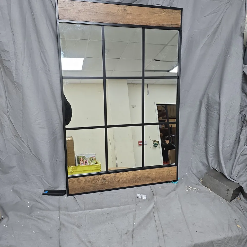 INDUSTRIAL-STYLE WALL MIRROR WITH BLACK GRID FRAME AND WOOD TOP/BOTTOM TRIM